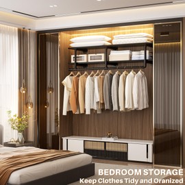 Aheaplus Industrial Pipe Clothes Rack with Top Shelf, 47In Space-Saving Wall Mounted Clothing Rack, 2 Tiers Heavy Duty Pipe Clothing Shelves with Hanging Rod for Laundry Room, Closet Storage, Black