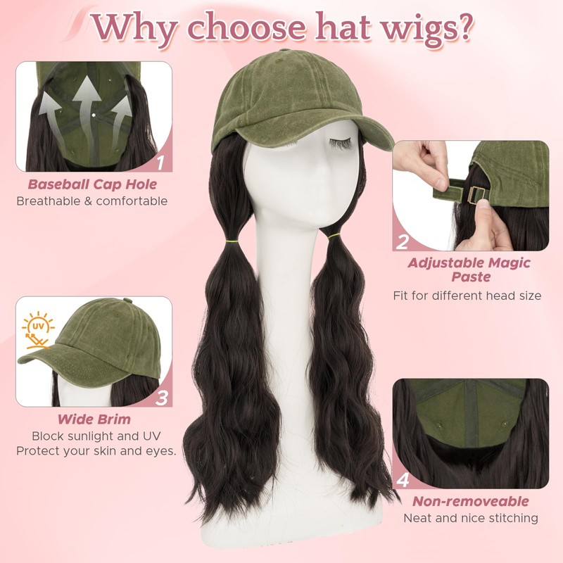 Hat Wigs, Hat with Hair Attached for Women Green 18"