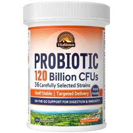 Vitalitown Probiotics 120 Billion CFUs, 36 Strains, Prebiotics, Digestive Enzymes for Men Women, Delayed Release, Shelf Stable, On The Go Digestive Support, 30 Veg Caps