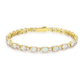 FANCIME 14K Gold Plated Sterling Silver Fire Opal Tennis Bracelet October Birthstone Bracelets Oval Gemstone Gold Bracelets for Women 7"