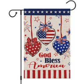 Heyfibro God Bless America Patriotic Garden Flag 12x18 Double Sided Burlap, 4th Of July USA Heart Star Fireworks Retro Yard Flags for Rustic Independence Day Outdoor Decor (ONLY FLAG)