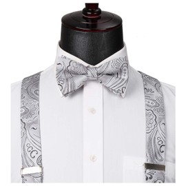 HISDERN - Juego de 6 tirantes, diseño floral y corbata de lazo y bolsillo cuadrados, con tirantes ajustables en forma de Y, Plateado / negro, Talla única