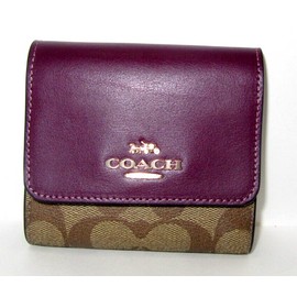 Coach New CE930 Small Trifold Wallet Khaki Signature Deep Berry Leather NWT $178