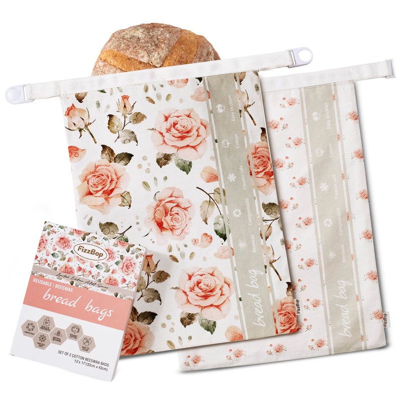 FIZZBOP Beeswax Bread Bags 2-Pack, Reusable XL 13x17 Inch For