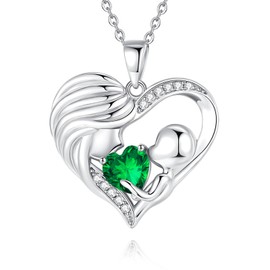 FANCIME Mum Birthstone Necklace Emerald Mother and Child Love Heart Necklace I Love You Mum Gifts Mother's Day Gifts May Jewellery Gifts for Grandmother Mum Wife, 16"+2" Inches