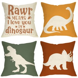 Ussap Dinosaur Rawr Means I Love You Home Decorative Throw Pillow Cover Set of 4, Inspirational Quote Cushion Case 20x20 for Boy Kid, Bedroom Nursery Sofa Couch Decor Dino Baby Shower Decoration Gifts