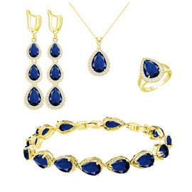 LMXXVJ Created Blue Teardrop Sapphire Jewelry Set for Women Girl,18K Gold Plated Necklace Long Earrings Adjustable Ring Bracelet Set Fashion Jewelry Gift for Mom/Wife/Grandmother/Best Friend/Aunt