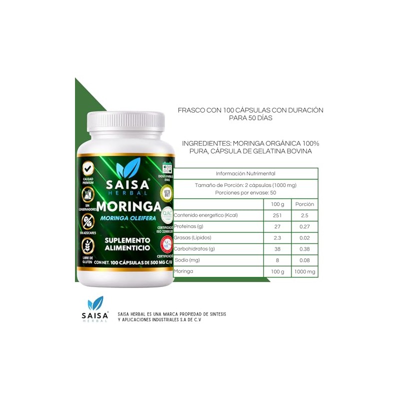 Moringa Orgánica 100 Pura bolsa con 100 cápsulas