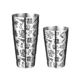Weighted Boston Shaker Cocktail Shaker Etched with Tiki Imagery (Tiki Graphic)