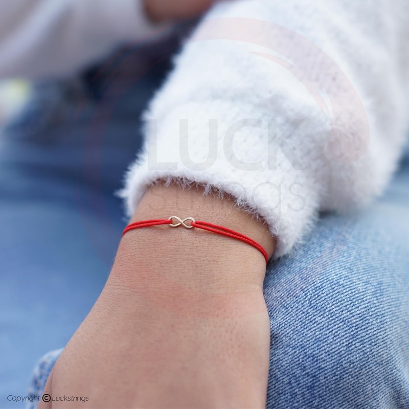 Solid 14K Gold Tiny Infinity Bracelet with Red String |