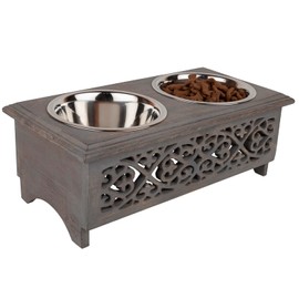 GoCraft Raised Dog Bowls for Small Dogs | Elegant Farmhouse Grey Washed Elevated Wooden Stand Feeder with 2 Stainless Steel Bowls for your Pet Food & Water
