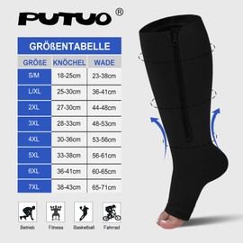 PUTUO Kompressionsstrümpfe Dicke Waden Herren: Stützstrümpfe Damen Übergröße Thrombosestrümpfe Männer Kompressionssocken Reißverschluss Offene Spitze Flug Medizinisch Laufen Reise Schwarz 5XL 1 Paar