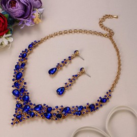 EVER FAITH Women's Jewellery Set Bridal Jewellery Set Crystal Flower Leaf Vine Teardrop Wedding Necklace Earrings Set, Crystal, Sapphire