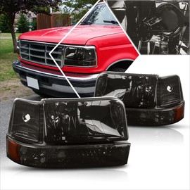 Factory Style Headlights Bumper Lamps Compatible with 92-96 Ford F150 F250 F350 Bronco,Smoked Lens Amber Corner