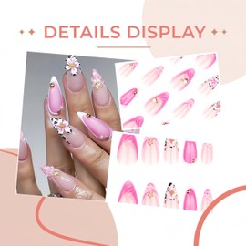 24Pcs Pink Press on Nails Medium Almond Fake Nails French Tip False Nails with 3D Flower Design Leopard Print French Tips Nude Pink Acrylic Nails Stick on Nails for Women Girls DIY Nail Decoration