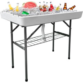 HEPINGONHE 4 Foot Folding Party Ice Cooler Table w/Matching Skirt & Drain Plug, Portable Tailgate Camp Fishing Cleaning Table, Cooler Server for Party, Camping, Picnic, BBQ