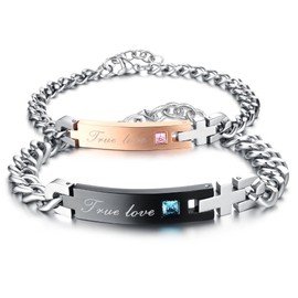 Kim Johanson Stainless Steel Couple Bracelets True Love for Lovers Rose Gold and Black with Cubic Zirconia Stones Including Jewellery Bag, Stainless Steel, Cubic Zirconia
