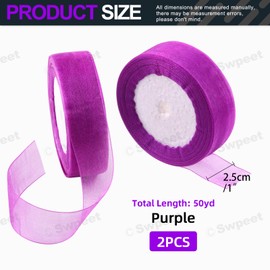 Swpeet 2 Rolls 50 Yards x 1 Inch Purple Shimmer Sheer Fabric Ribbons Organza Ribbon, Transparent Sheer Ribbon Chiffon Fabric Ribbons for Bouquets Wedding Birthday Decoration