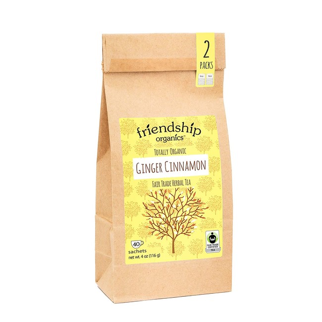 Friendship Organics Ginger Cinnamon, Totally Organic and Fair Trade Certified Herbal Tea in Tagless Tea Bags (40 Count)
