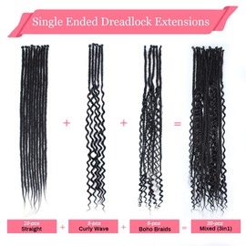 KRALER 24 Inch Mixed SE Dreadlock Extensions Sets, 3 in 1 20 Strands Synthetic Single Ended Dreads Extensions, Black Hippie Dreads Style for Girls