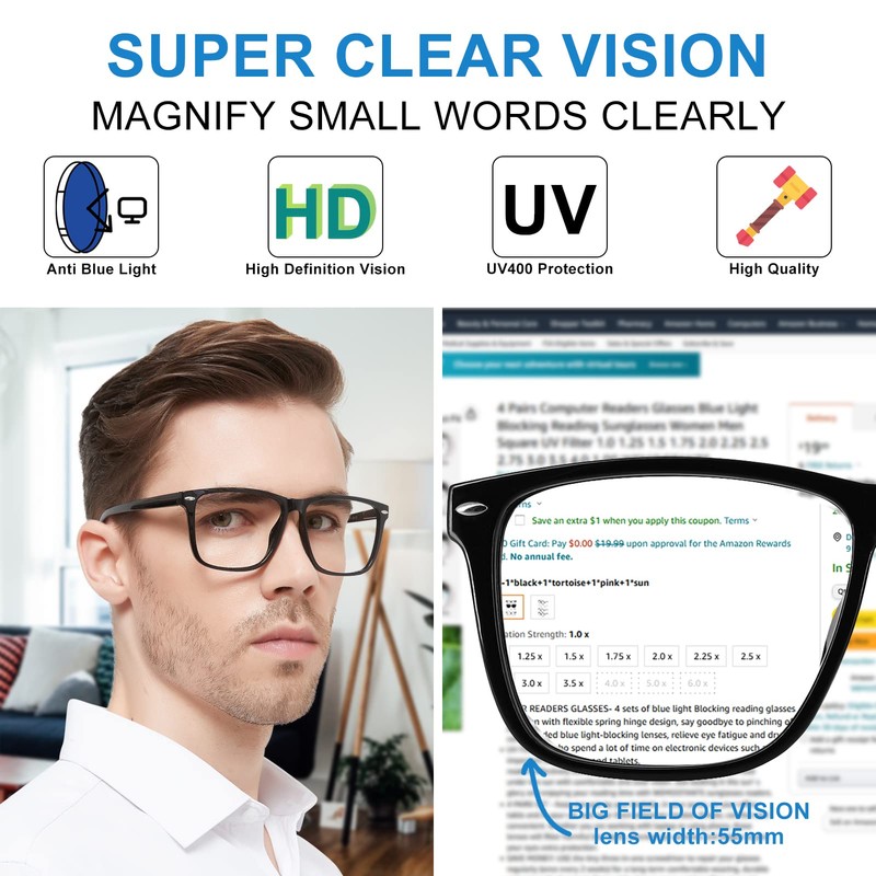 WEMOOTANTS High Magnification Power Blue Light Blocking Reading Glasses 500