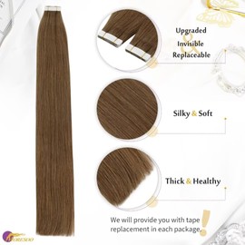 Moresoo Tape-In Real Hair Extensions, Brown, 35 cm, Remy Real Hair Extensions, Tape Hair Extensions, Thick Extensions, Real Hair Tape in Light Brown #8, 10 Pieces, 20 g