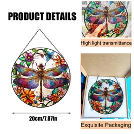 BDHRKTE 7.87" Stained Glass Window Hanging,Dragonfly Christmas Ornaments,Colored Dragonfly Suncatchers,Window Art (Style B)