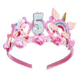 5th Birthday Decorations for Girl 5th Birthday Headband Flower Birthday Crown for Girls Glitter Pink Hair Band for Party Cute 5-Year-Old Princess Tiara Birthday Party Decorations Hair Accessory Gift