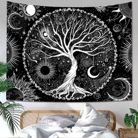 Sequpr Tree of Life Tapestry Sun Moon Tapestry Black Wall Hanging Wall Towel Wall Decoration Tapestry for Bedroom Living Room Dorm (130 x 150 cm)