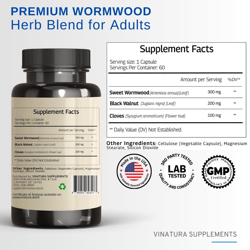 VINATURA Wormwood Black Walnut Clove Capsules - Cleanse, Detox, Intestinal