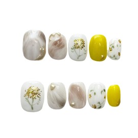 Handmade Nail Tip Short Round Korean Sunflower Flower Graduation Style Short Summer Japanese Figure False Nail 10 Pieces False Nail False Nail with Storage Box, S