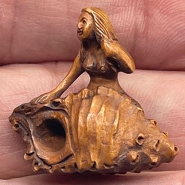 PremiumBead Hand Carved Boxwood Mermaid & Nautilus Ojime/Netsuke Bead | 28x25.5x13mm | Brown