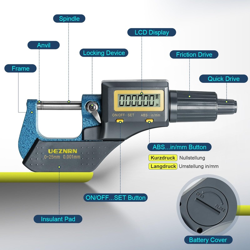 Ueznirn Micrometer Digital 0-25 mm, High Precision Micrometer Digital Micrometer,