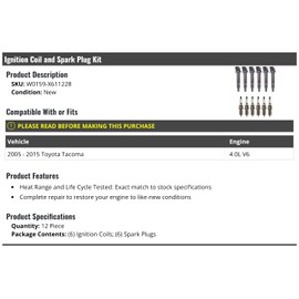Marketplace Auto Parts Ignition Coil and Spark Plug Kit 12 Piece - Compatible with 2005-2015 Toyota Tacoma 4.0L V6