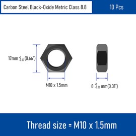 FOCMKEAS 10PCS M10-1.5 Black Hex Nuts, Carbon Steel Metric Coarse Thread Hexagon Nut, ISO 4032, Class 8.8 Screw Bolt Fasteners, Black-Oxide Hardware Lock Nut