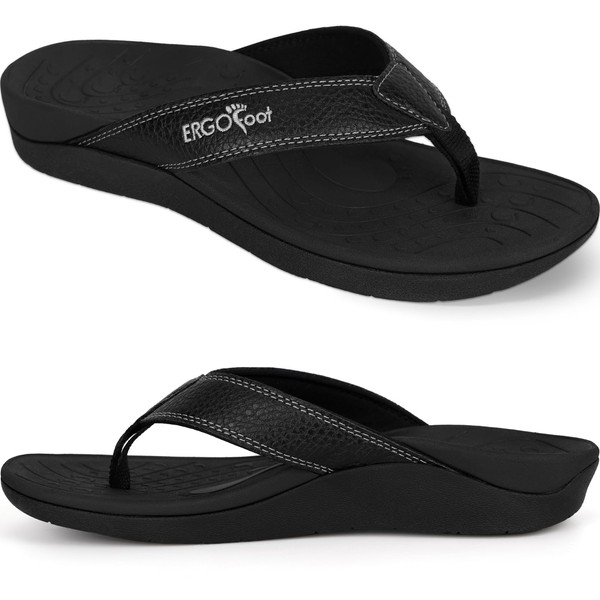 ERGOfoot Orthotic Flip Flops with Arch Support, PU Thong Sandals Walking Comfort with Orthopedic Support for Plantar Fasciitis Flat Feet, Beach Slippers for Women Men/Black
