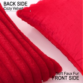 Sungeek Set of 2 Red Faux Rabbit Fur Cushion Covers 30x50 cm, Soft Cozy Plush Striped Decorative Throw Pillow Covers 12x20 inch Velvet Lumbar Pillowcases for Sofa Bedroom