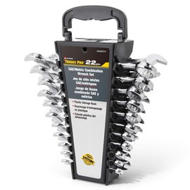 Trades Pro SAE and Metric Wrench Set, 22 Piece, Open and Box End, 12 Point, 15 Degree Angle Offset, Storage Rack 836574