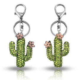 Sonoran Souvenirs Saguaro Cactus Green Rhinestone with Pink Flower Bling Bag Charm Southwest Key Chain Gifts Crystal Purse Charm Accessory for Outdoorsy Women