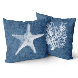 Starfish Pillow Covers Coastal Coral Nautical Blue Seas Throw Pillow 18X18 Inch Home Decor for Bedroom Living Room Sofa Linen Decorative Pillowscase Square Cushion Cover