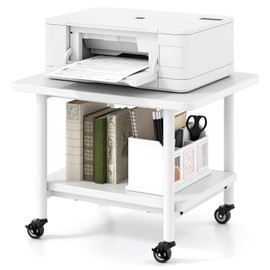 Giantex Under Desk Printer Stand, 2-Tier Mobile Printer Table with Storage Shelf, Lockable Wheels & Metal Frame, Rolling Printer Cart Holder, Storage Rack for Home Office Scanner Fax Machine (White)