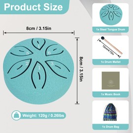 TINGSING Rain Tongue Drum - Mini Steel Tongue Drum, 3 Inches, 6 Notes Percussion Instrument with Fabric Bag, Mallet, Music Book - Lake Blue