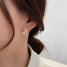 Yienate Crystal Butterfly Stud Earrings Vintage Pearl Butterfly Wing Dangle Earrings Gold Wedding Rhinestone Wing Earrings Statement Pearl Butterfly Stud Prom Earrings Jewelry for Women and Girls