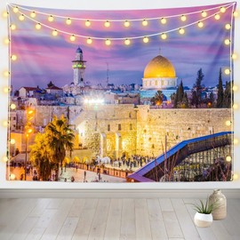 Loccor Jerusalem Old City Sunset Tapestry Israel Western Wall,Temple Mount, Dome of The Rock Wall Hanging for Judaism Event Decor Home Living Room Decor 80''x60''