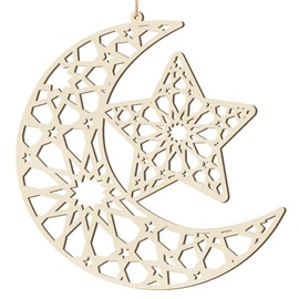 Ramadan Decorations Eid Mubarak Wreath Door Sign Wooden Hanging Signs, Kareem Hollow Ornament Moon and Stars, Moon Shape Ramadan Mubarak Party Wood Wall Hanger for Islamic Muslim Home Decor