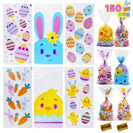 JOYIN 150 Pcs Easter Cellophane Bags, Easter Candy Treat Goodie Bags with Twisted Ties for Egg Hunt, Easter gift bags, Easter Kids Basket Party Favor Party Supplies