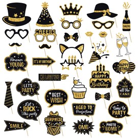 JOJO FLY 36 Pcs Birthday Photo Booth Props Kit, Black and Gold Party Favors, Happy Birthday Party Decorations, Photobooth Funny Cute Holiday Selfie Supplies