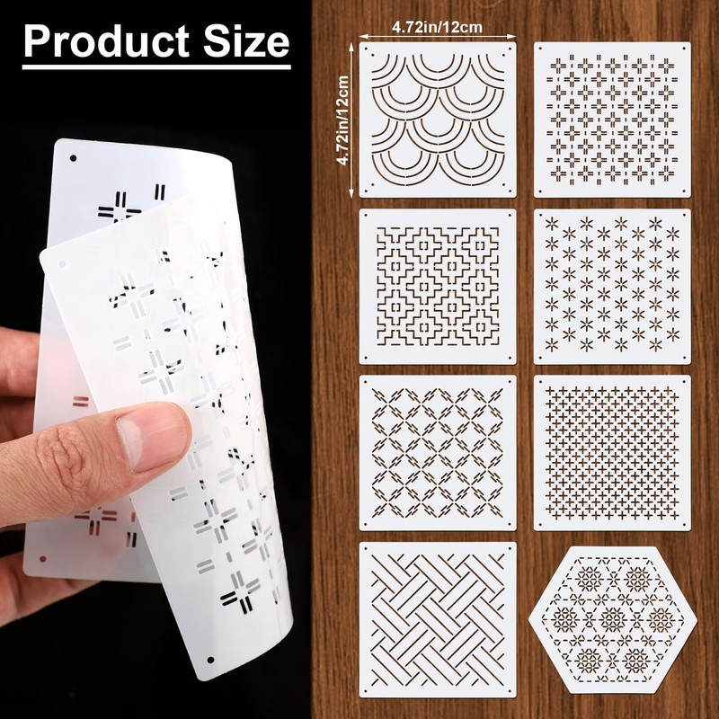 8pcs Plastic Sashiko Stencil, 8 Styles Geometric Embroidery Stabilizers White