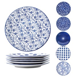 Gibsimi Ceramic Dinner Plates Set - 10.5 Inch Large Kitchen Porcelain Salad Serving - Scratch Resistant Microwave Oven Dishwasher Safe - Dishes for Pizza Pancakes Pasta Steak - Set of 6 - Vintage Blue
