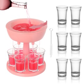 XXIV Solar Terms 6 Shot Glasses Beverage Dispenser Holder, Adjustable Liquid Dispenser, Shot Pourer with 6 Clear Glasses, Suitable for Cocktail, Wine and Cider Parties (Pink)